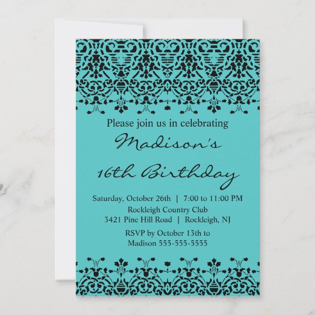 Turquoise Damask Sweet Sixteen Birthday Invitation (Front)