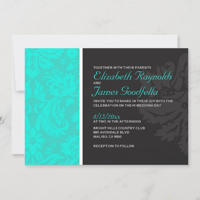 Turquoise Damask Wedding Invitations (Front)