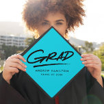 Turquoise | Dashed Grad Graduation Cap Topper<br><div class="desc">Personalized graduation cap topper featuring "Grad" in black hand-lettering with a dashed underline with a turquoise background or colour of your choice. Personalize the custom graduation cap topper by adding the graduate's name and graduation year.</div>