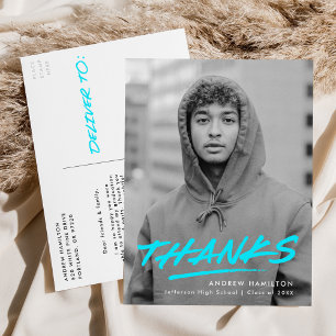 Turquoise Dashed Modern Photo Graduation Thank You Postcard