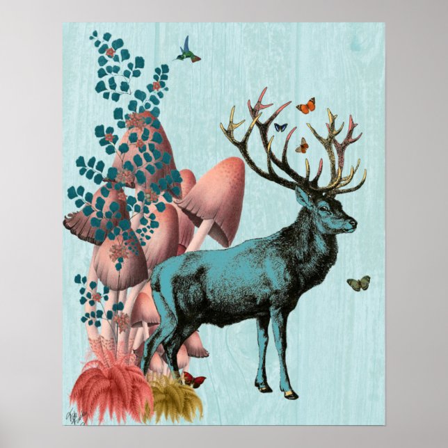 Turquoise Deer in Mushroom Forest Poster (Front)