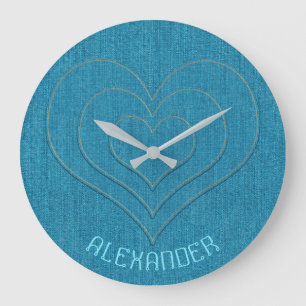 Turquoise Denim Jeans 3 Hearts, Name Personalized Large Clock