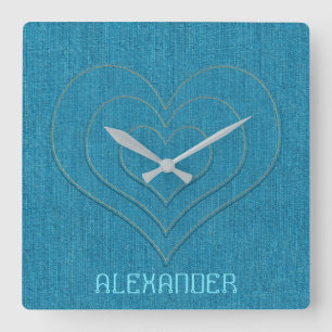 Turquoise Denim Jeans 3 Hearts, Personalized Name Square Wall Clock