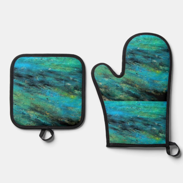 Turquoise Design Oven Mitt & Pot Holder Set (Front)