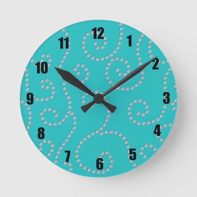 Turquoise diamond swirls round clock (Front)