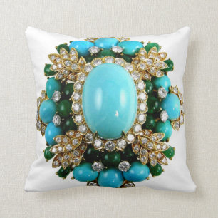 Turquoise Diamonds Brooch Sofa Bling Jewellery Throw Pillow