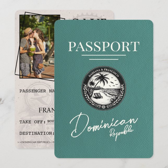 Turquoise Dominican Republic Passport Save The Date (Front/Back)