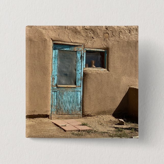 Turquoise Door Taos Pueblo Photography 2 Inch Square Button (Front)