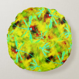 Turquoise Dragonflies on Yellow Red Splash Round Pillow
