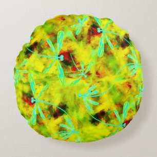Turquoise Dragonflies on Yellow Red Splash Round Pillow
