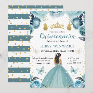 Turquoise Dress Brunette Hair Princess Quinceanera Invitation