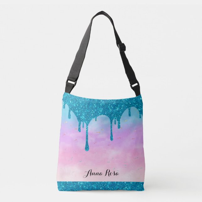 *~* Turquoise Drip Glitter Pastel Pink Ombre Sky Crossbody Bag (Front)