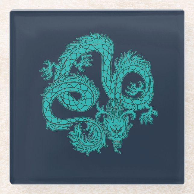 Turquoise Eastern Dragon Navy Blue Paper Coaster (Front)