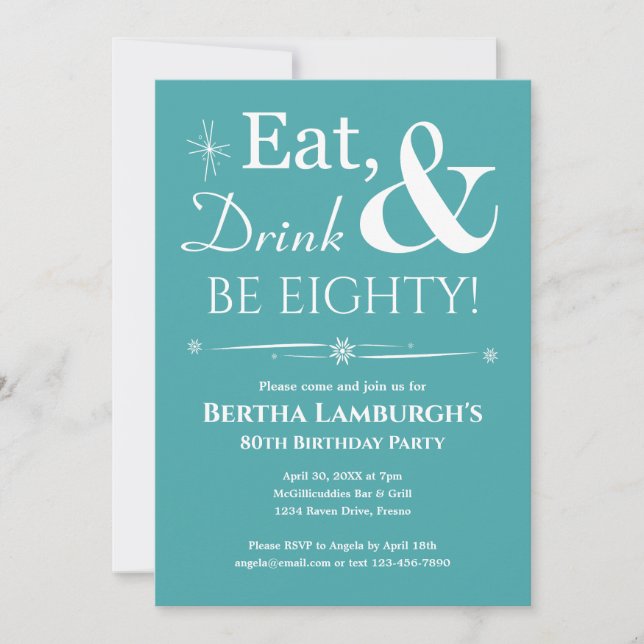Turquoise Eat Drink Be Eighty Retro 80th Birthday Invitation (Front)