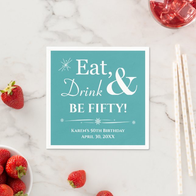 Turquoise Eat Drink Be Fifty Retro 50th Birthday Napkin (Insitu)