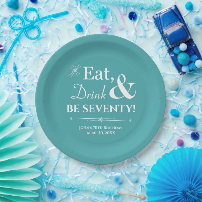 Turquoise Eat Drink Be Seventy Retro 70th Birthday Paper Plate (Party)