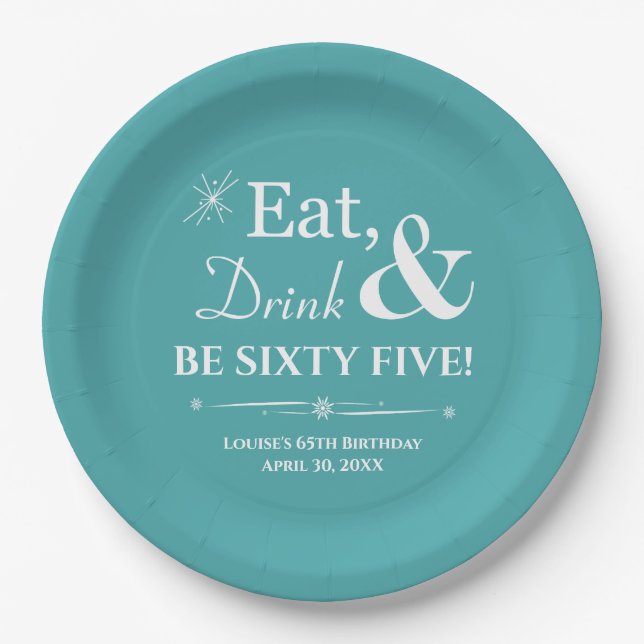 Turquoise Eat Drink Sixty Five Retro 65th Birthday Paper Plate (Front)