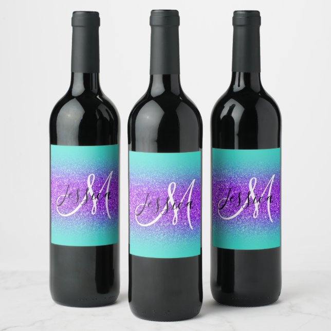 Turquoise Edge Ombre Violet Glitter Monogram Wine Label (Bottles)