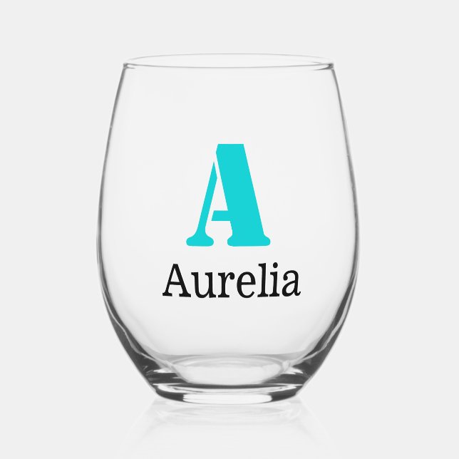 Turquoise Elegant Initial Black Name | Modern  Stemless Wine Glass (Front)