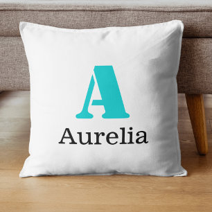 Turquoise Elegant Initial Black Name   Modern  Throw Pillow