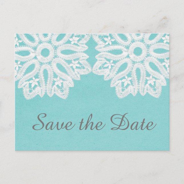 Turquoise Elegant Lace Save the Date Postcard (Front)