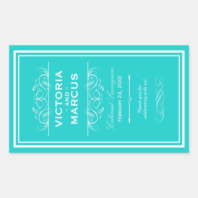 Turquoise Elegant Wedding Monogram Wine Bottle Sticker (Front)