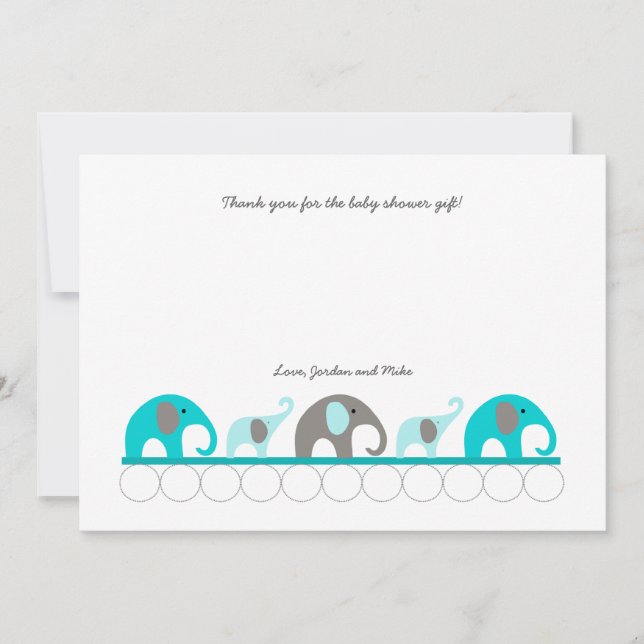 Turquoise elephant baby shower thank you note card (Front)