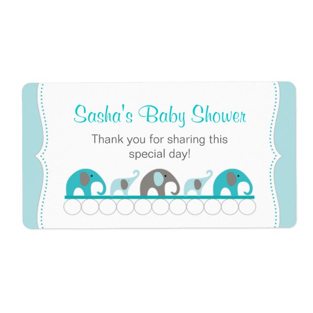 Turquoise Elephant Shower Water Bottle or Favour (Front)