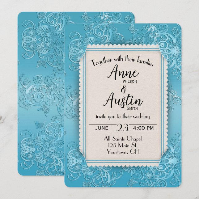 Turquoise Embossed Wedding with Slit Corner  Invitation (Front/Back)