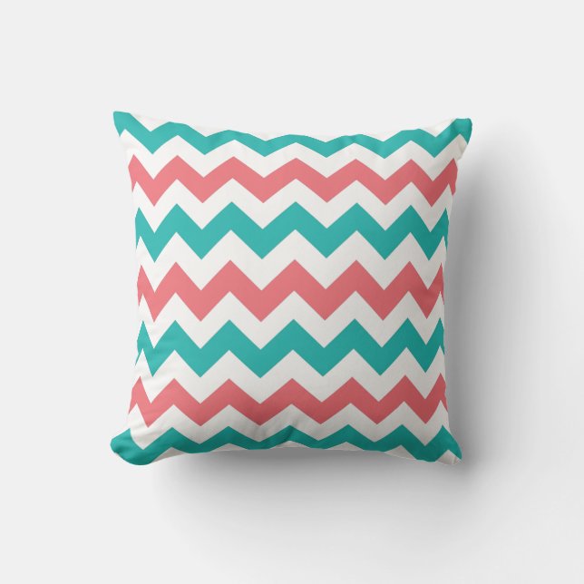 Turquoise et Coral Chevron Zig Zag Coussin rayé (Recto)