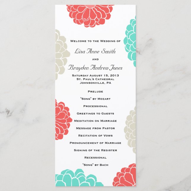 Turquoise et Coral Zinnia Programme de mariage des (Devant)