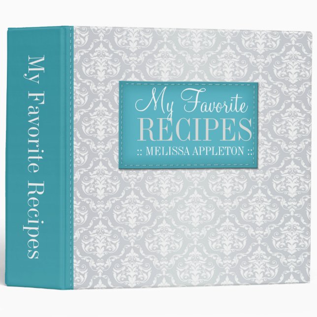 Turquoise et damassé grise 2" classeur de recette (Devant/Côté)