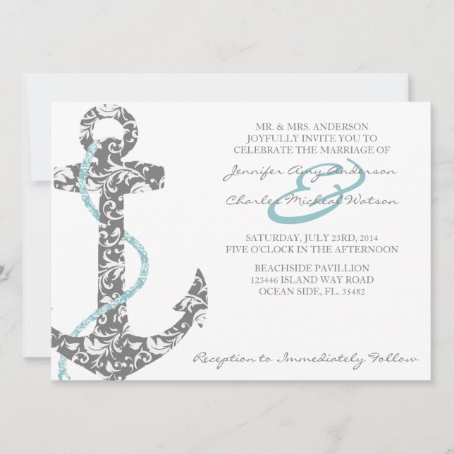 Turquoise et gris Ancre Plage Mariage Invitation (Devant)