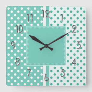 Turquoise et horloge carrée de pois blanc
