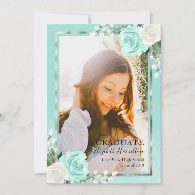 Turquoise et huile Argent Floral Grad Faire-part (Devant)