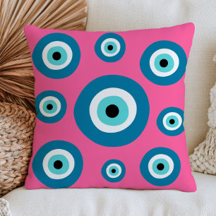 Turquoise Evil Eyes On Pastel Pink Bohemian Nazar Throw Pillow
