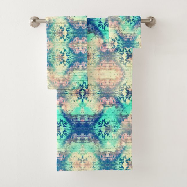 Turquoise Faded Abstract Print Bath Towel Set (Insitu)