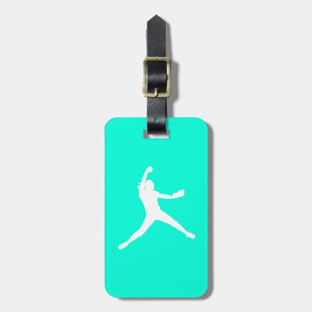 Turquoise Fastpitch Silhouette Luggage Tag (Front Vertical)