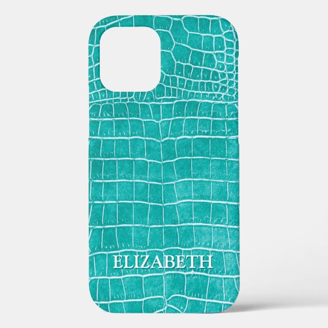 Turquoise Faux Crocodile Leather Personalized Name Case-Mate iPhone Case (Back)