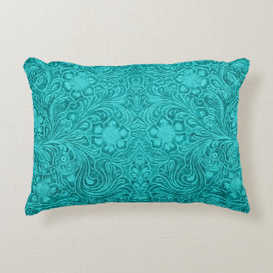 Turquoise Faux Leather Pattern-Embossed Floral Accent Pillow