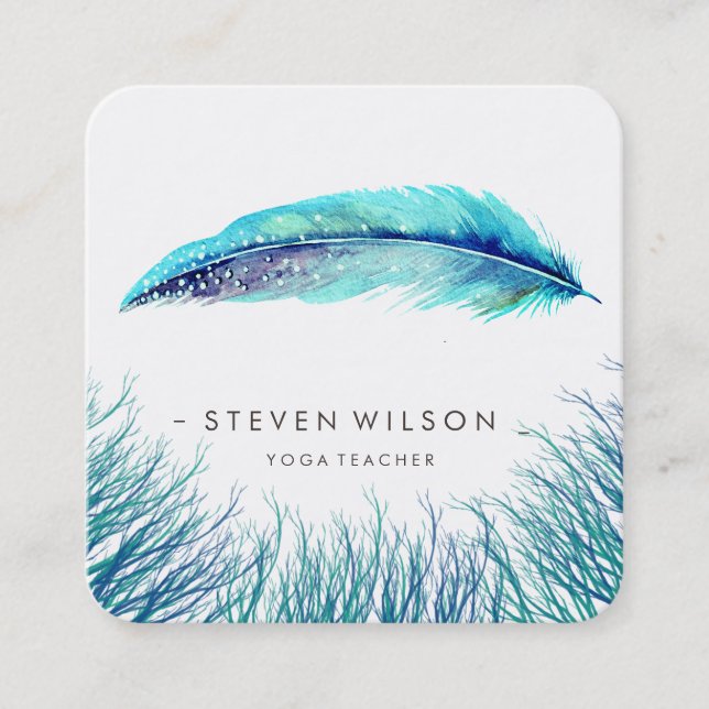Turquoise Feathers Watercolor Boho Teal Beach  Square Business Card (Front)