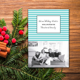 Turquoise Festive Stripes Holiday Photo Invitation