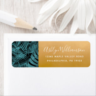 Turquoise feuille de palme tropicale or script mod