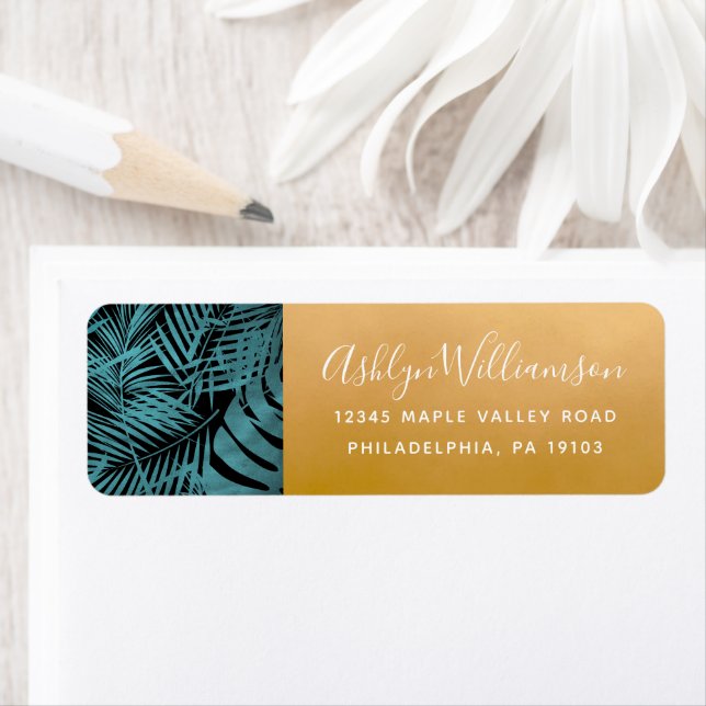 Turquoise feuille de palme tropicale or script mod (En situation)