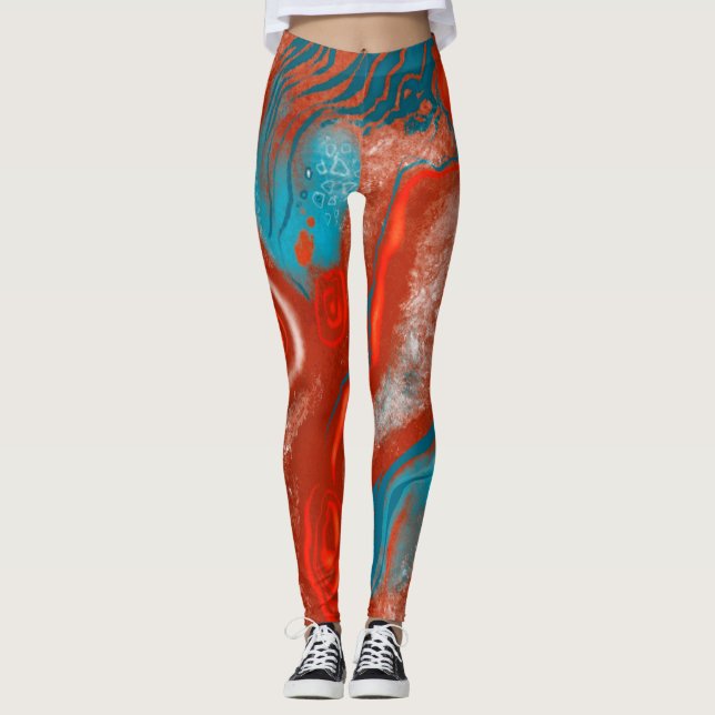 Turquoise & fire abstract leggings  (Front)