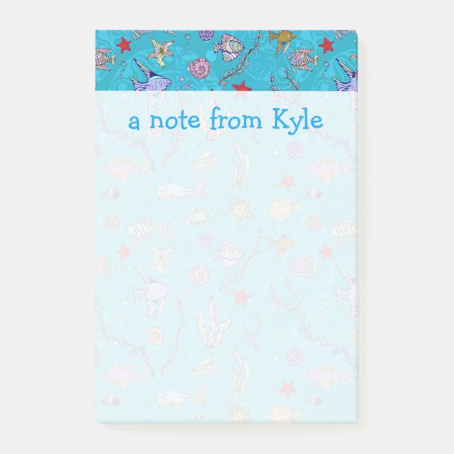 Turquoise Fish Pattern | Add Your Name Post-it Notes (Front)