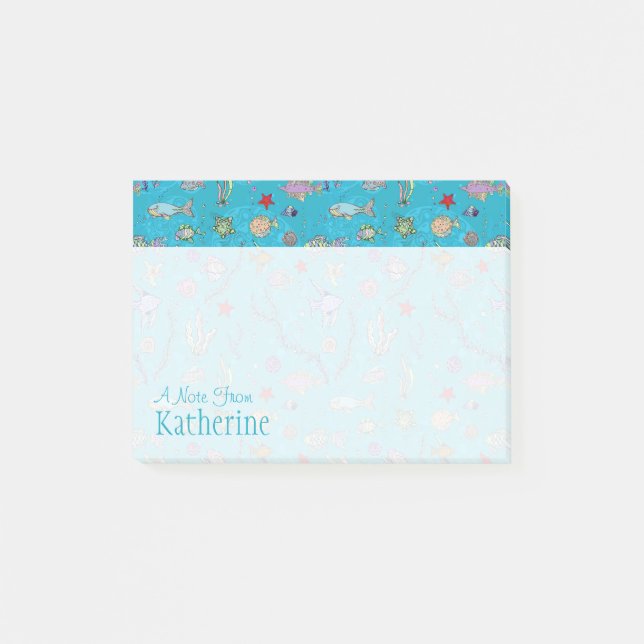 Turquoise Fish Pattern | Add Your Name Post-it Notes (Front)