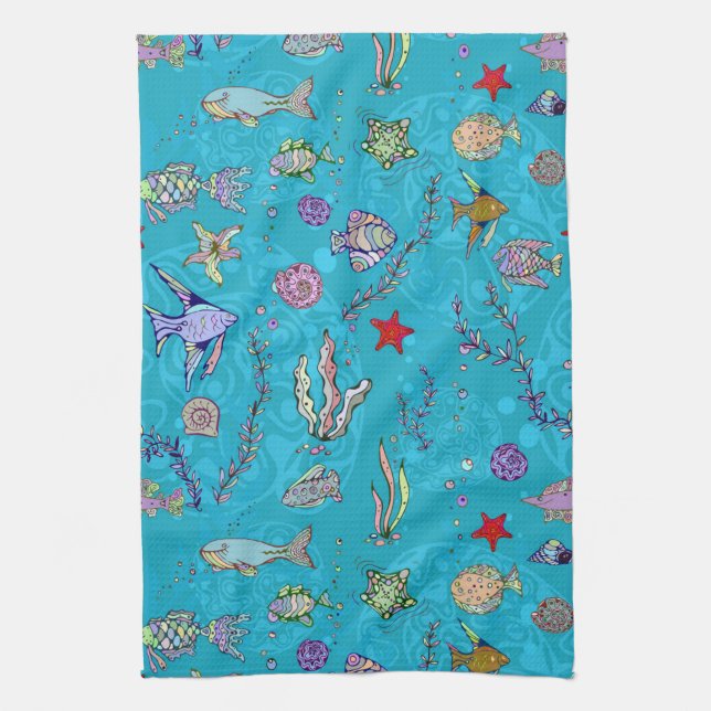 Turquoise Fish Pattern Kitchen Towel (Vertical)