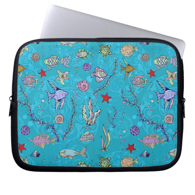 Turquoise Fish Pattern Laptop Sleeve (Front)