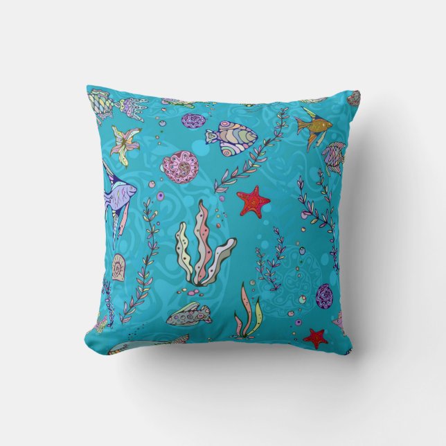 Turquoise Fish Pattern Throw Pillow (Front)